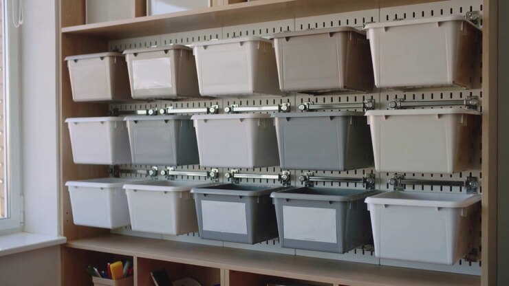 Camera recording wooden shelving unit staying centered in office, storing plastic bins, rails, pens