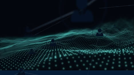 animation of network of connections with people icons over glowing mesh