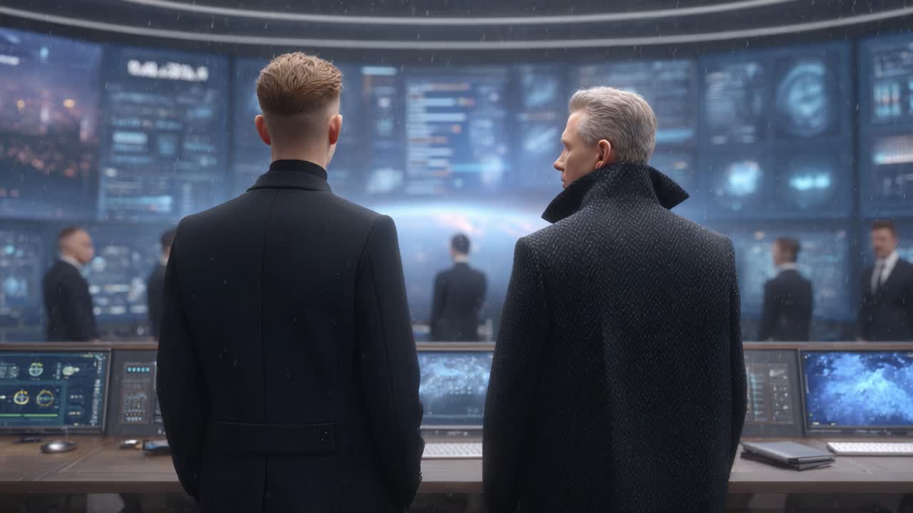 In a high-tech command center, two strategists observe a global holographic display amidst a team of analysts, plotting their next move in a futuristic scenario