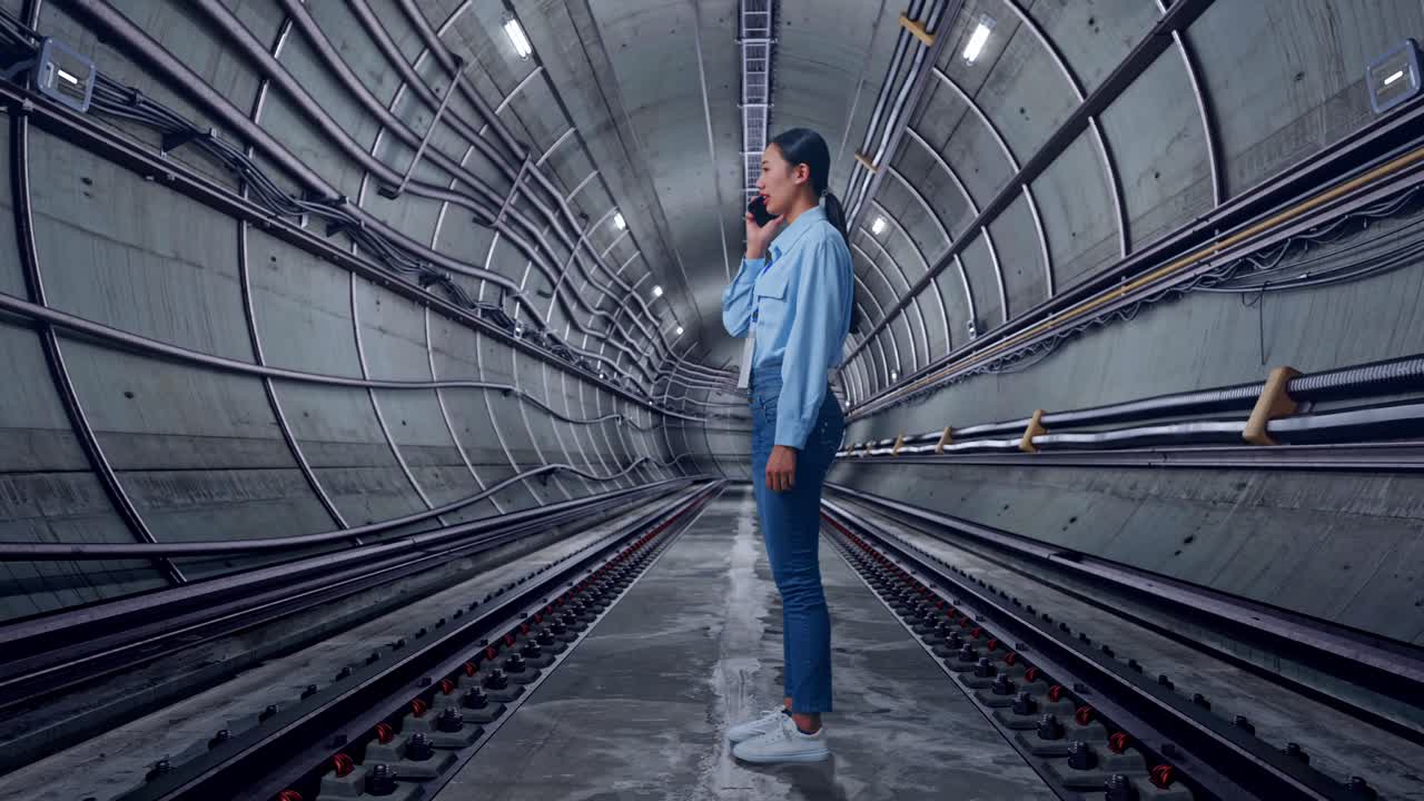 Full Body Side View Of Asian Female In Underground Subway Tunnel, She Is Speaking With Someone In The Phone