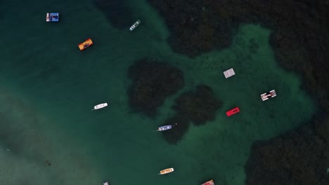 Un-Dron-Aéreo-De-Arriba-Hacia-Abajo-Disparado-Sobre-Aguas-Verdes-Cristalinas-Con-Veleros-Anclados,-Rocas-Y-Algas-Debajo-En-Porto-De-Galinhas-O-Playa-De-Puerto-De-Pollo-En-Pernambuco,-Brasil