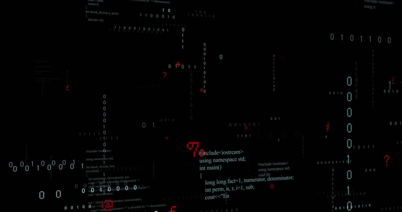 Animation of binary coding and data processing on black background