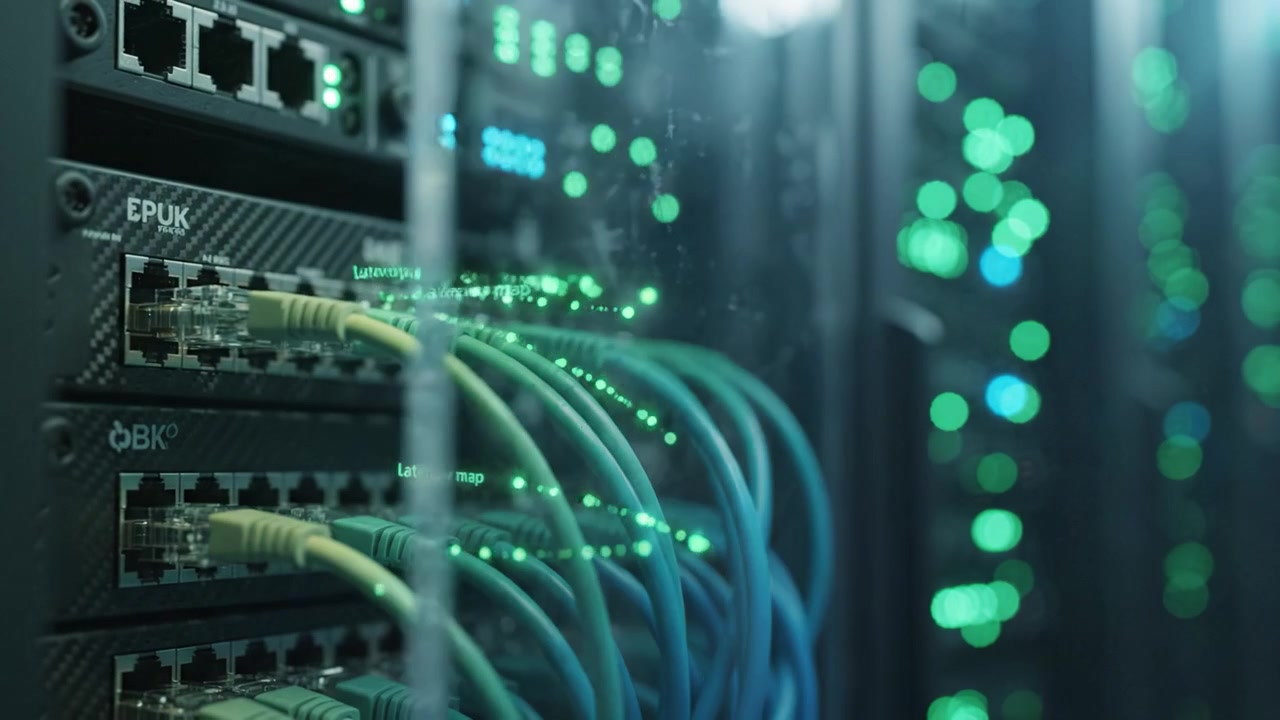 A Detailed Look at Network Management: Visualizing Data Cables and Server Components in a Modern Data Center Environment with Illuminated Indicators