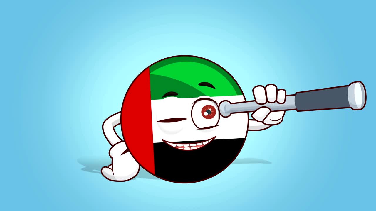 아랍에미리트 연합의 만화 아이콘 발 얼굴 애니메이션 망원경으로 매트