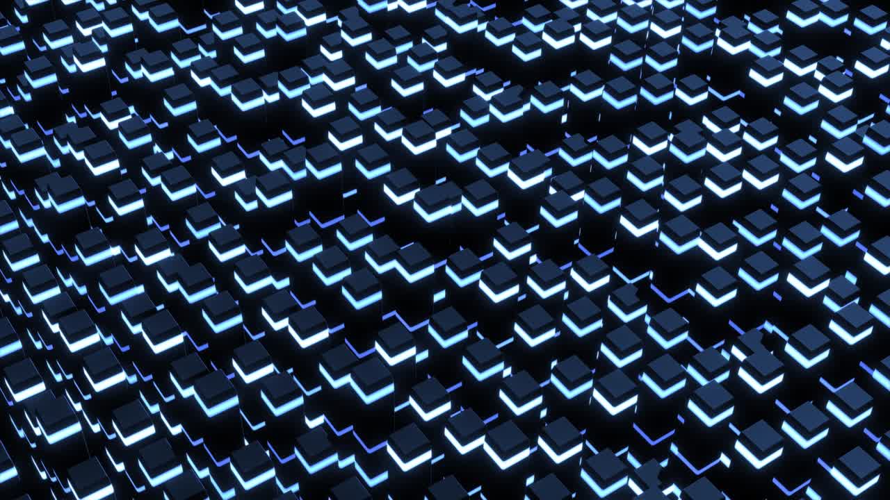 4k abstract looped dark background waves of cubes on plane, neon lights. Grid of cubes like blue neon bulbs. VJ cyberpunk neon style bg for event, presentation. Classic simple motion design backdrop
