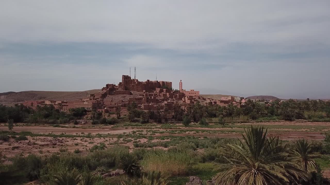 緑豊かなオアシスからそびえ立つ伝統的なカスバを捉えた、Ouarzazateの村と自然とのつながりを強調するクローズアップのチルトアップ空撮。