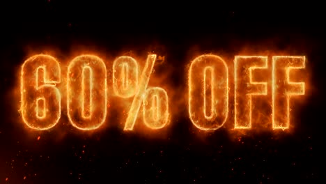 60% de descuento en la palabra quema caliente en fuego realista llamas chispas y humo animación de bucle continuo sin problemas