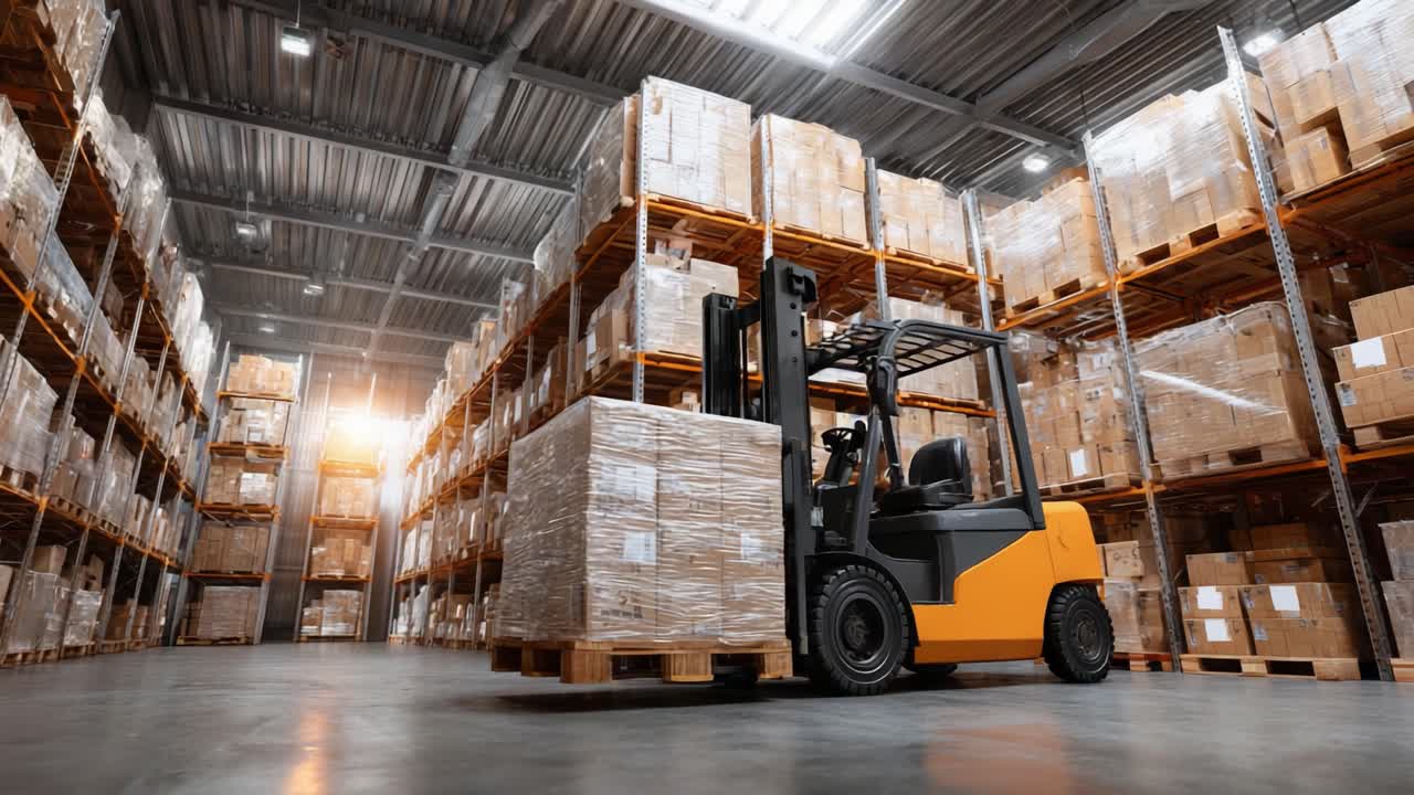 A Modern Warehouse Environment Featuring a Forklift Maneuvering Between Stacked Pallets of Goods, Showcasing Efficient Storage and Inventory Management Practices