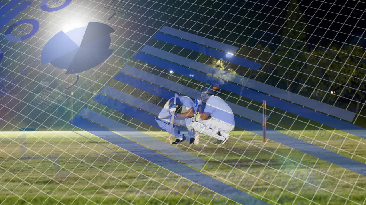 Giocatore di cricket che si dirige verso la base, si prepara a lanciare, portiere accovacciato, sovrapposizione blu che nasconde i giocatori