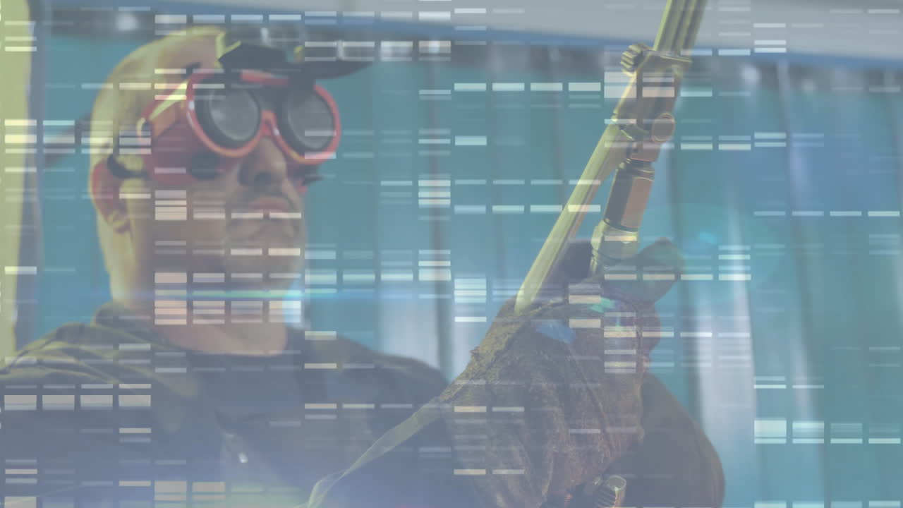 Welder holding torch wearing red goggles in factory, featuring animated glitch code blocks