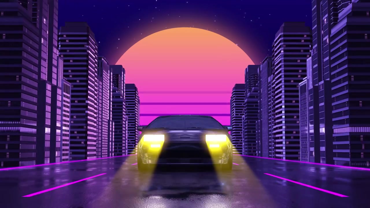 Auto synthwave che guida in una città retro-futuristica di notte