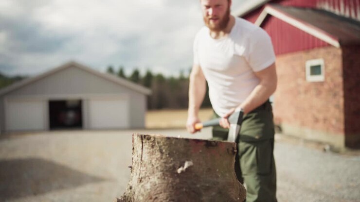 Strong Man Split Huge Log Using Axe Outdoor In The Backyard