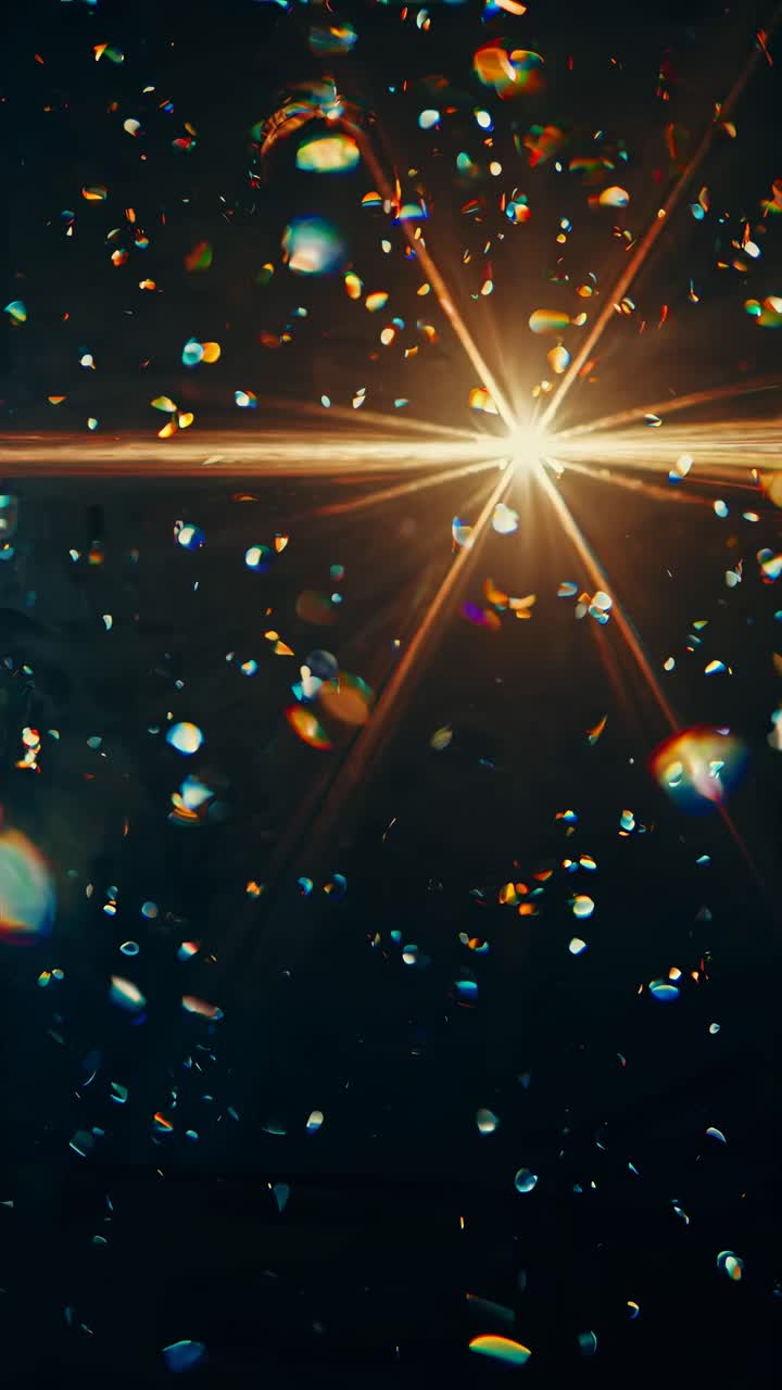 A mesmerizing video of light beams and colorful bokeh, captured from a low angle, creating a dreamy