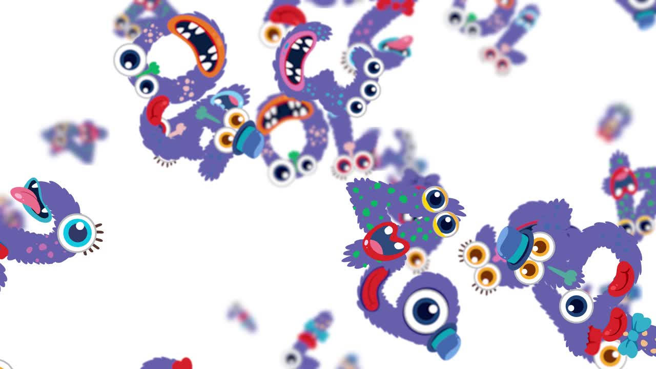 Violet monsters with quirky expressions tumble playfully against a white background, creating a whimsical and lively atmosphere