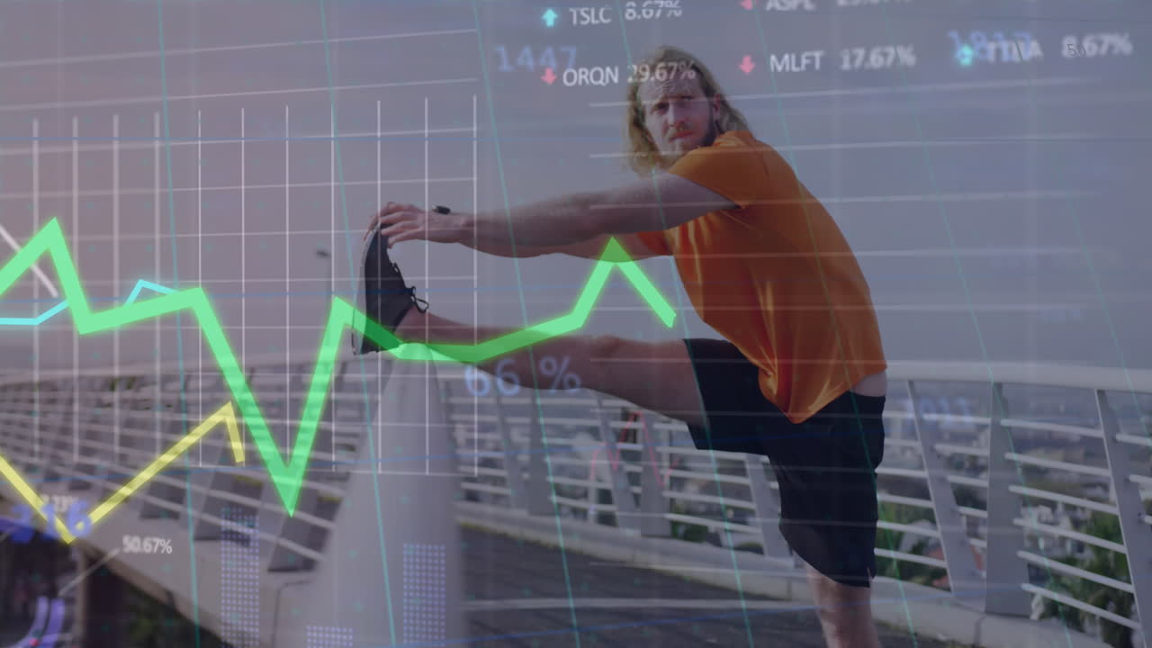 animación de múltiples gráficos y datos del mercado de valores, hombre caucásico estirando la pierna y la mano en el puente