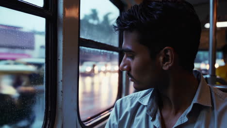 young man on a rainy bus ride