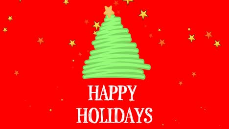 Animation-of-happy-holidays-text-with-bendy-christmas-tree-and-gold-stars-on-red-background