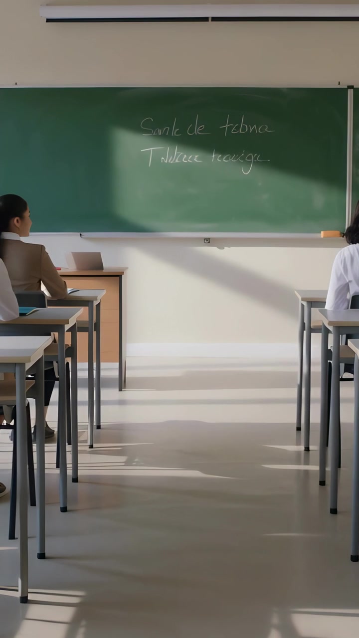 Video verticale: Telecamera che inizia a registrare uno studente che si sposta in prima fila a scuola, lavagna, blazer