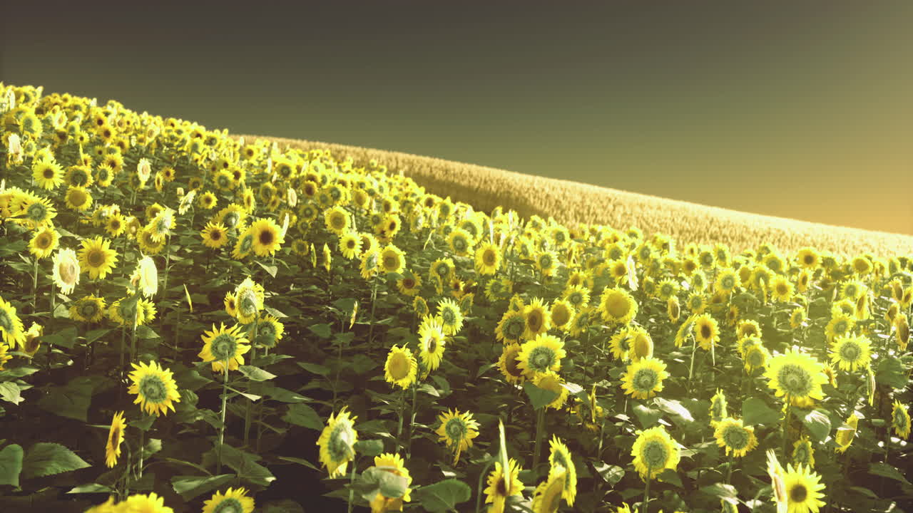 Sunflowers bloom brightly under the golden evening light in a vast field