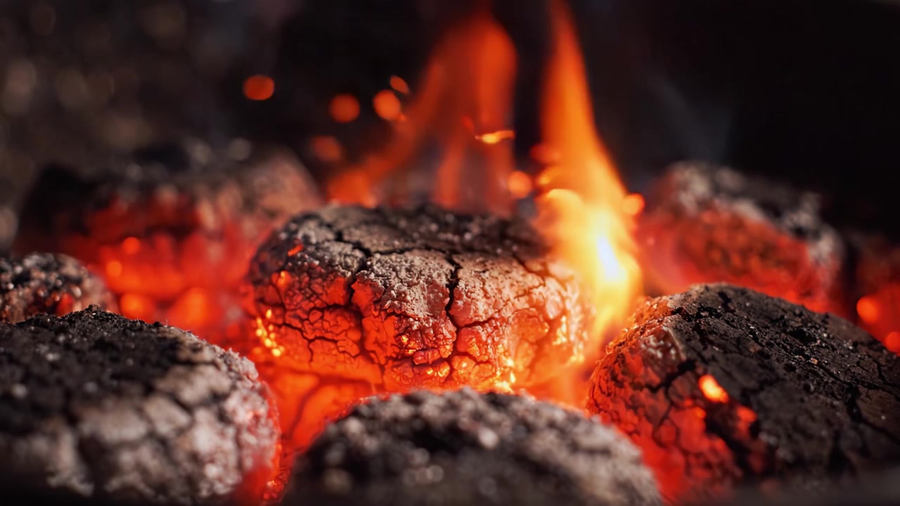 Bricchette di Carbone Incandescenti Circondate dal Fumo: Una Vista Ravvicinata di Braci e Calore che si Irradia dai Carboni per Cucinare al Barbecue o Grigliare