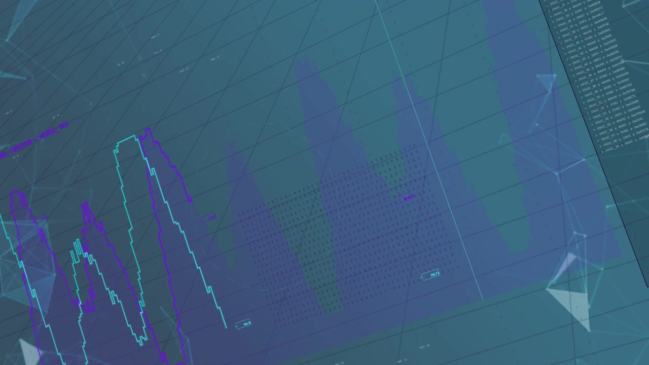 HUD animating on data pulse, purple cyan waveforms pulsing, panels sliding, showing telemetry