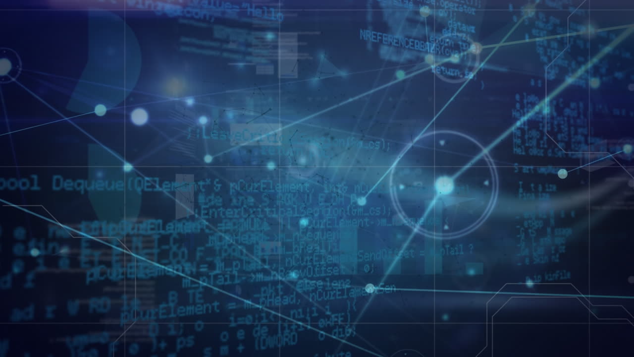 Animation of network of connections over data processing on black background