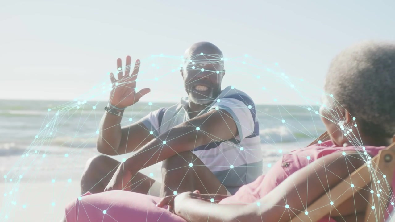 Couple on beach, man leaning and smiling then waving, network nodes highlighting bond for tech