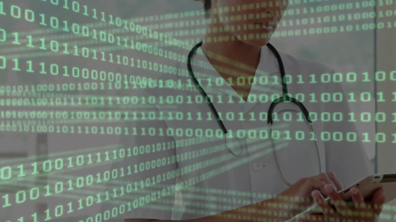 Animation of binary coding data processing over female doctor