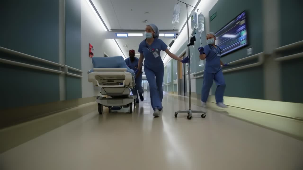 Low-angle video of medical staff rushing a patient on a stretcher through a hospital corridor
