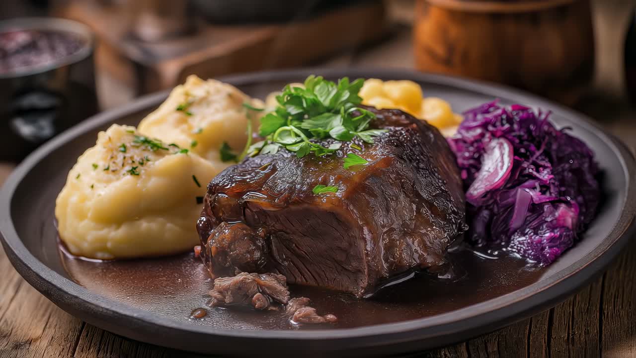 Tender braised beef resting on rustic wooden board, nestled beside creamy mashed potatoes, crimson cabbage, glistening with savory gravy classic European comfort cuisine