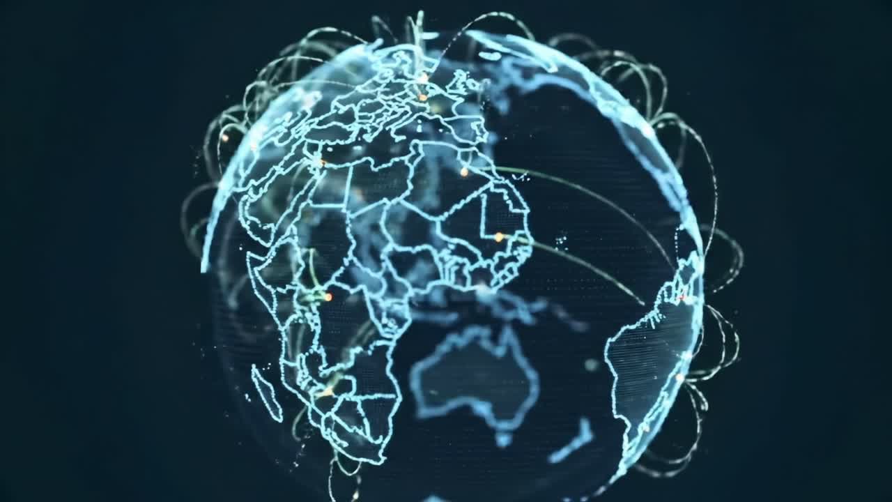 Dynamic Global Network Visualization Representing International Connectivity with a Neon Cybernetic Earth Model in Motion Against a Dark Background