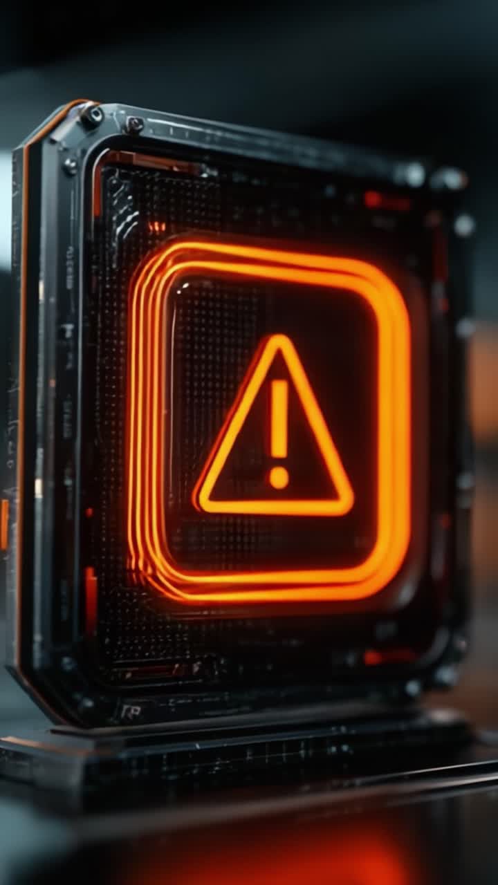 Illuminated Warning Sign: A Close-Up View of a Futuristic Alert Symbol in Neon Orange, Capturing the Essence of Caution and Attention in a Digital Environment