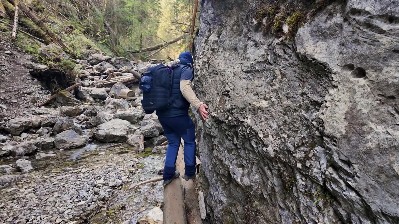 Yürüyüş ekipmanı giymiş bir adam, Slovak Cenneti Milli Parkı içindeki Sucha Bela kanyonunun nefes kesen manzarasında dar bir patika boyunca ilerlerken bir kütüğün üzerinden ustaca geçiyor