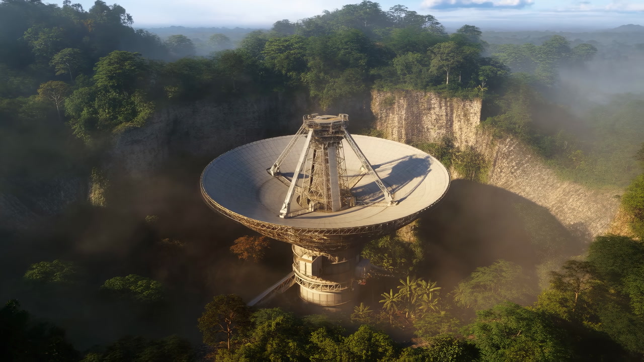 Huge Satellite Dish In Rainforest Canyon Bathed In Morning Mist And Golden Sunlight, Massive Parabolic Antenna