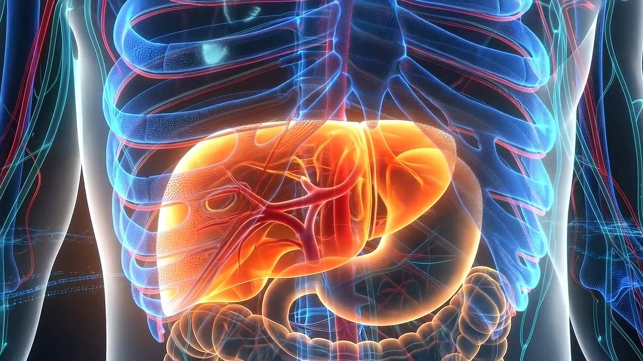 Human Liver and Digestive System Anatomy Visualization With Glowing Internal Organs