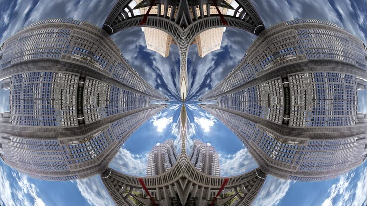 Timelapse da cena urbana e do horizonte de Tóquio transformado em um pequeno planeta abstrato com efeito olho de peixe.