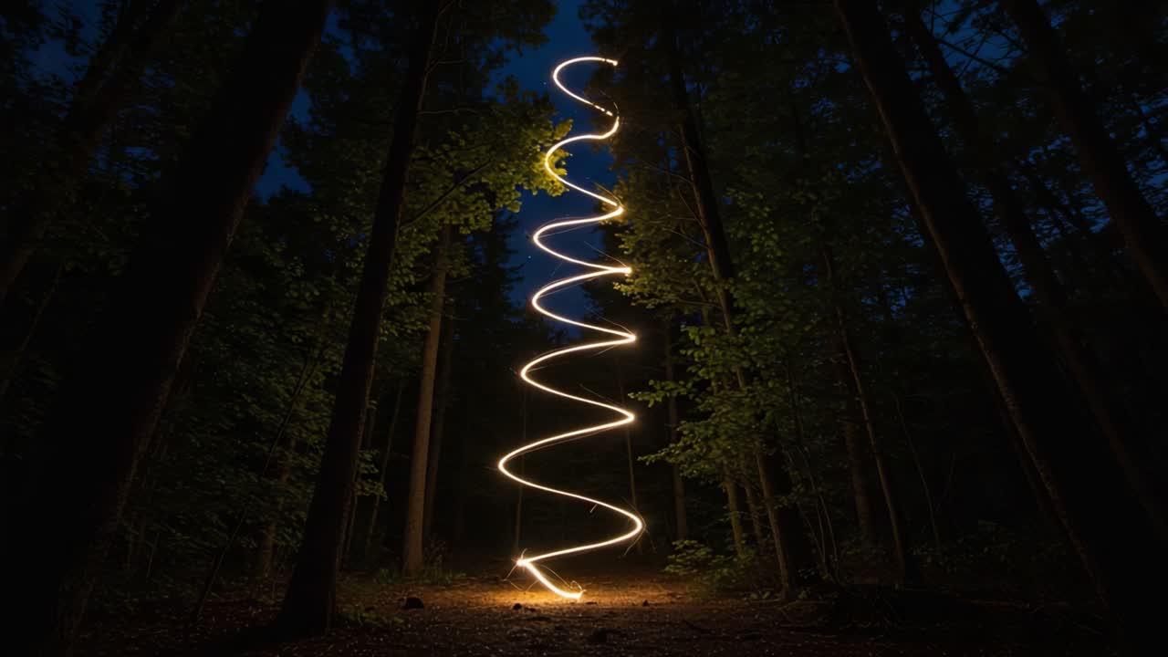 A Mesmerizing Nighttime Display of Spiraled Light in a Dense Forest, Capturing the Ethereal Beauty of Nature's Artistry in Motion with an Enigmatic Glow