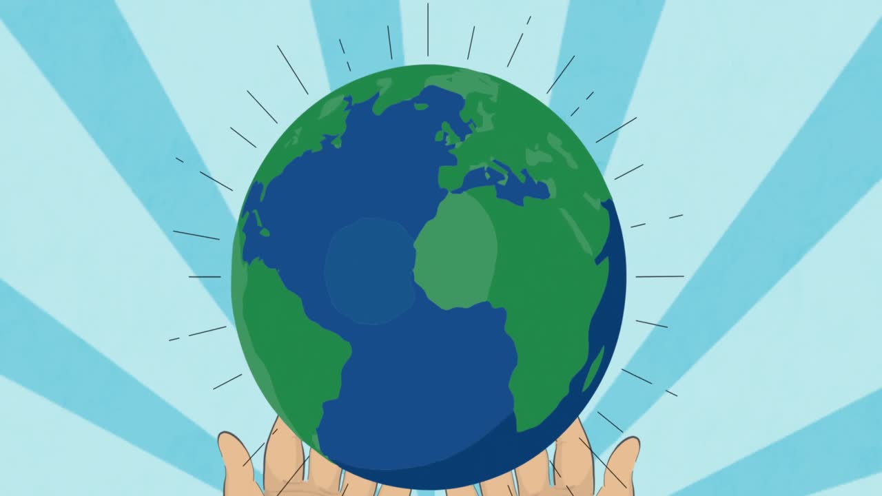 animación de manos sosteniendo el globo en un fondo azul en movimiento