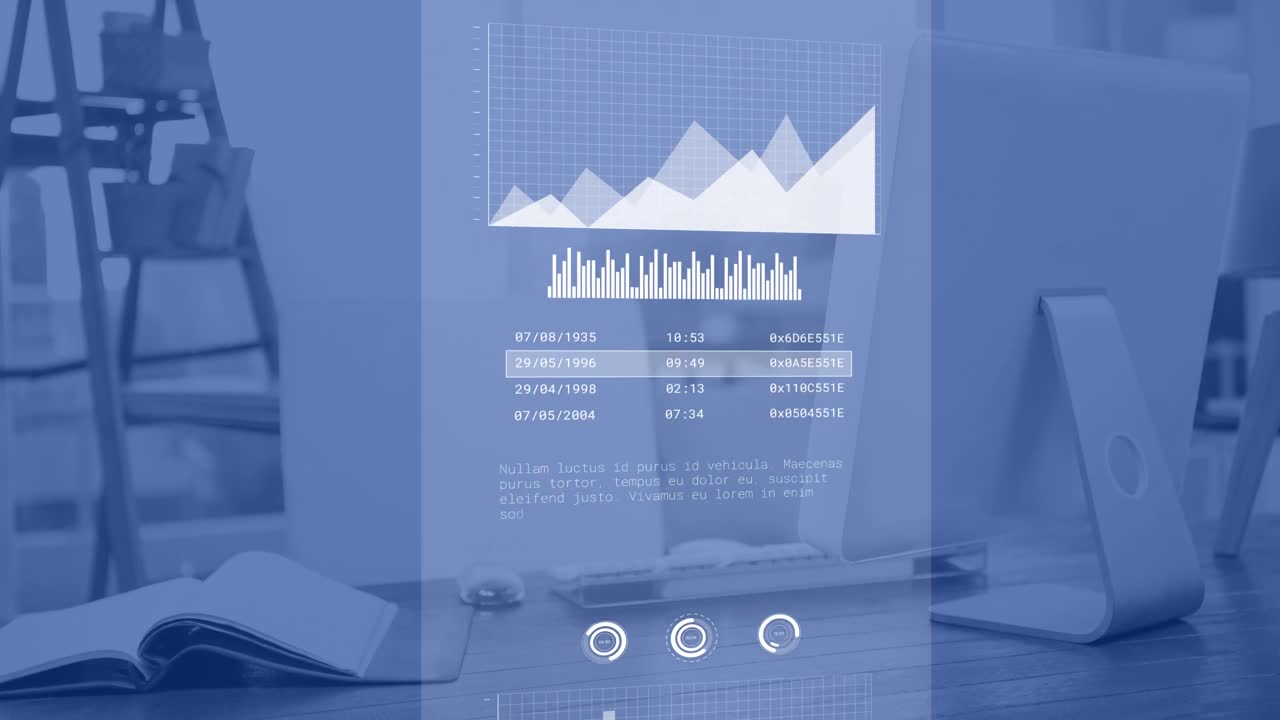 Animation of financial data processing over computer in office