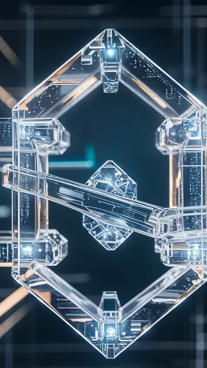 Vertical video: Displaying hexagonal frame floating in digital grid, holding crystal via beams