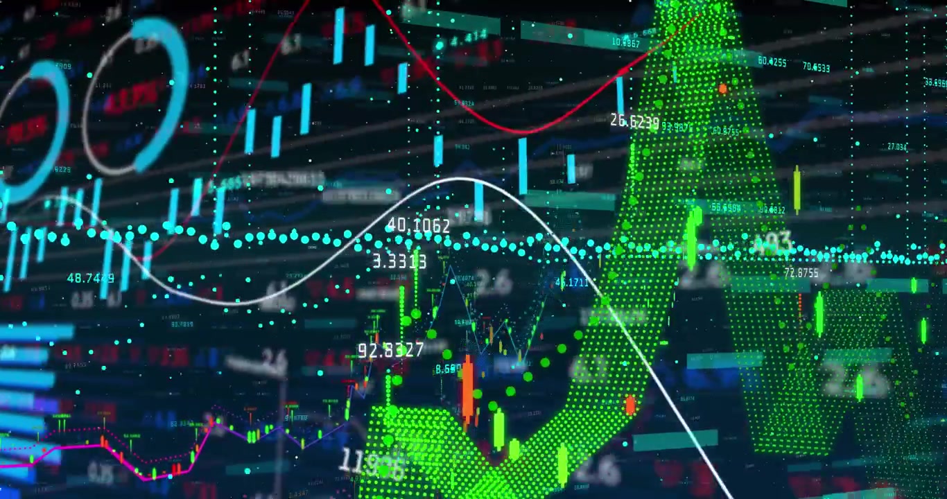 Animation of financial data processing on black background