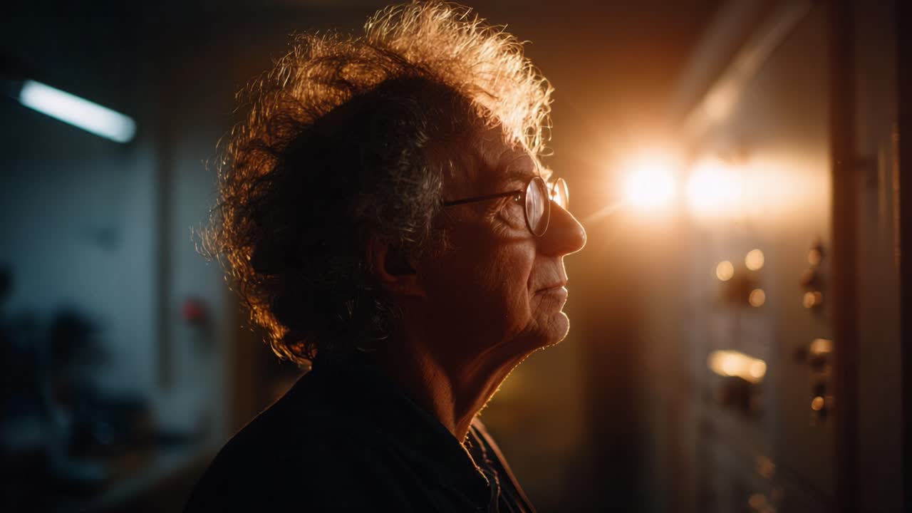 A contemplative figure with wild hair gazes thoughtfully at a glowing control panel, immersed in a moment of reflection and curiosity in a dimly lit environment