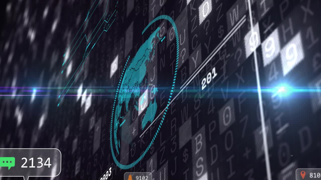 Camera panning revealing cyan globe ring spinning badges floating counts updating showing trends