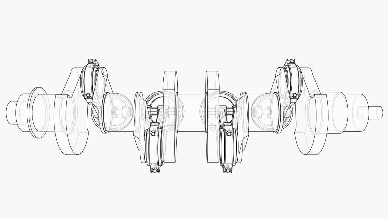 크랭크 샤프트와 4 개의 피스톤의 애니메이션. 와이어 프레임 또는 블루프린트 스타일