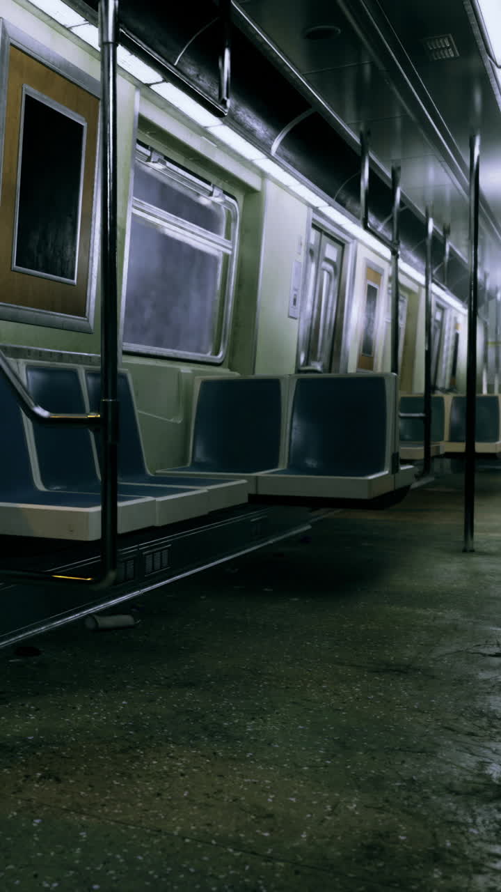 Treno della metropolitana vuoto in una stazione tranquilla durante l'ora di punta serale.