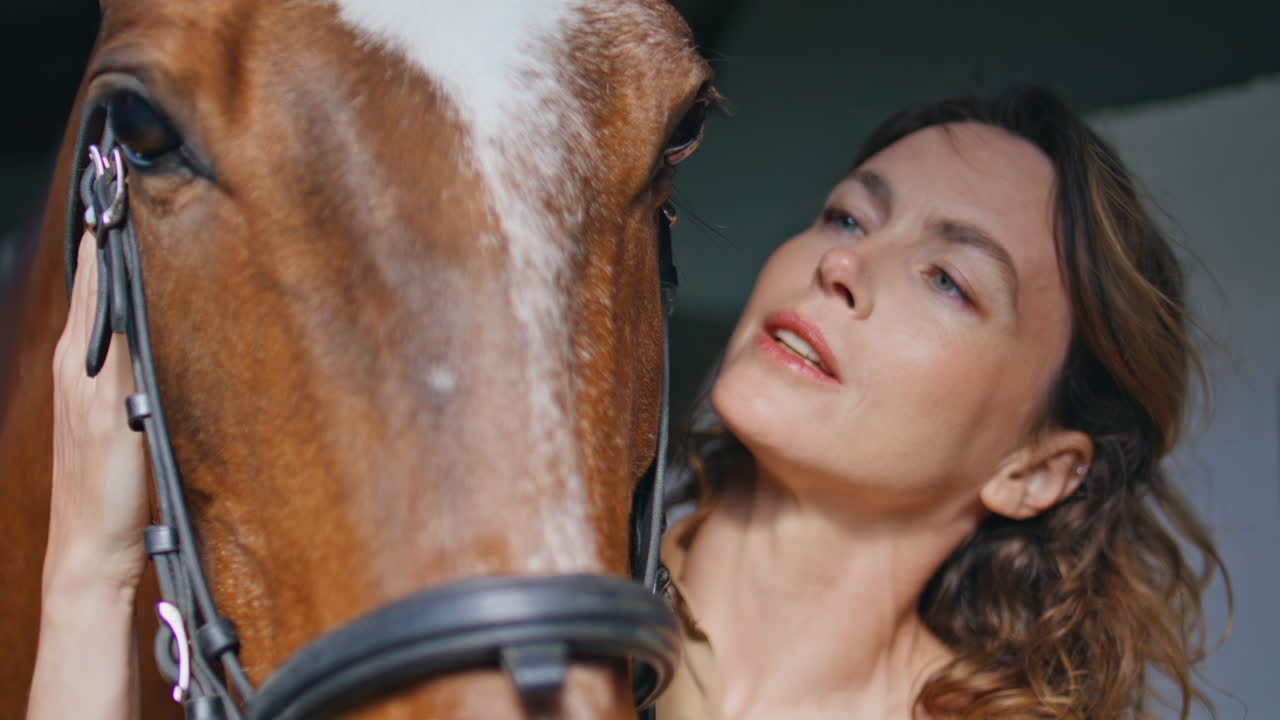 Gentle horsewoman talking equine at barn closeup. Lady working at horse farm