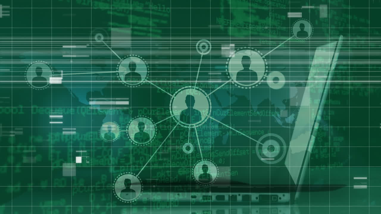 Animation of network of connections with people icons over laptop and grid