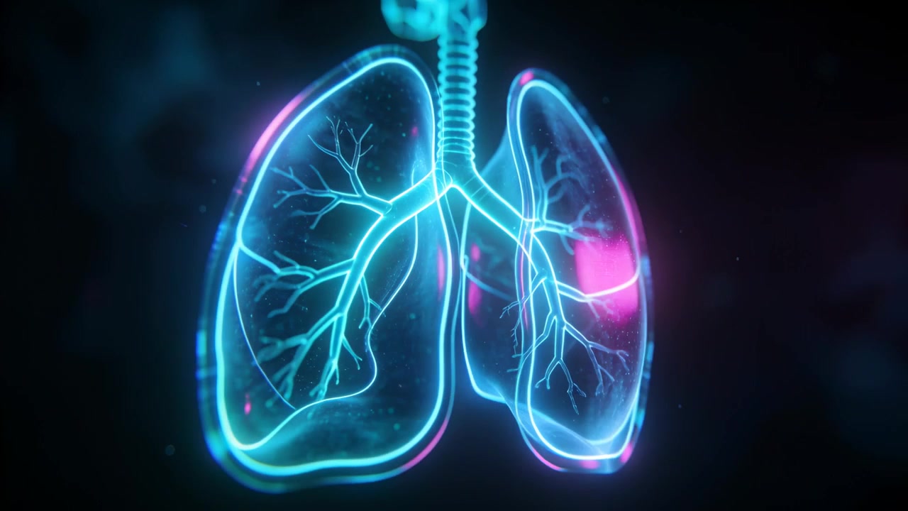 Animazione che mostra polmoni al neon che iniziano a ruotare su uno sfondo scuro, rivelando la trachea e bagliori magenta.