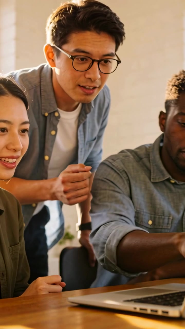 Team leaning over laptop, center man pointing, animated charts popping showing business data