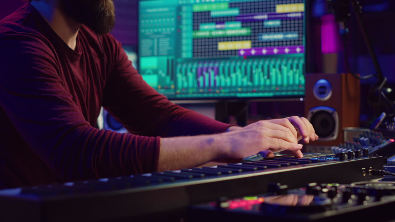 compositor de música que produce bandas sonoras utilizando controles de panel estéreo